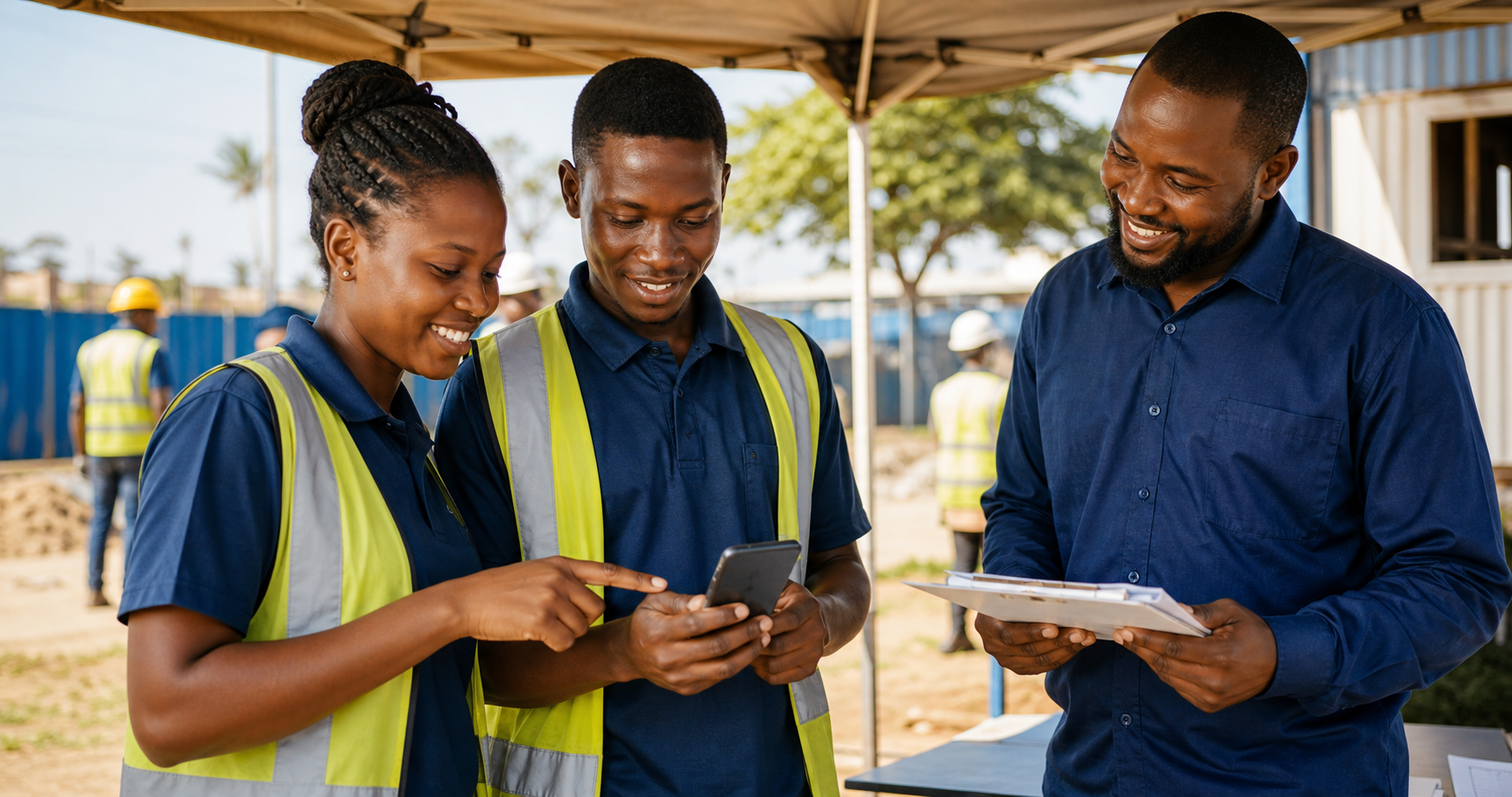 Tanzanian workers registering for Amline job opportunities on a smartphone